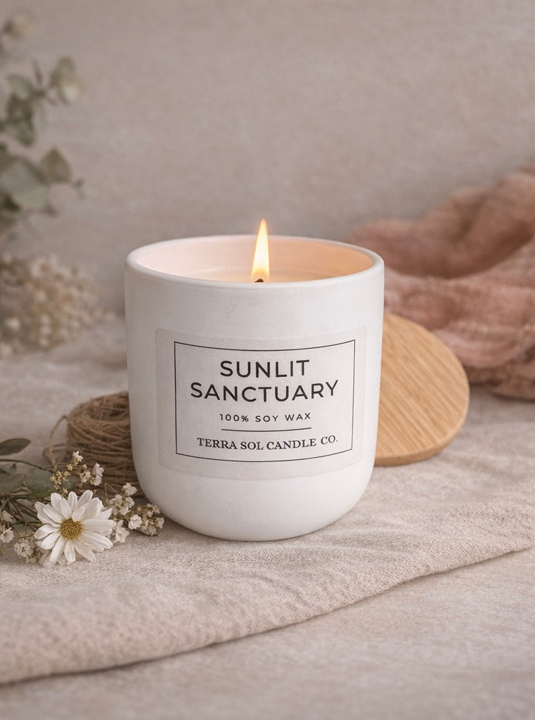 Sunlit Sanctuary Soy Candle | Clean Burning 100% Soy Wax | Minimalist White Candle | Natural Home Decor | Handmade Gift
