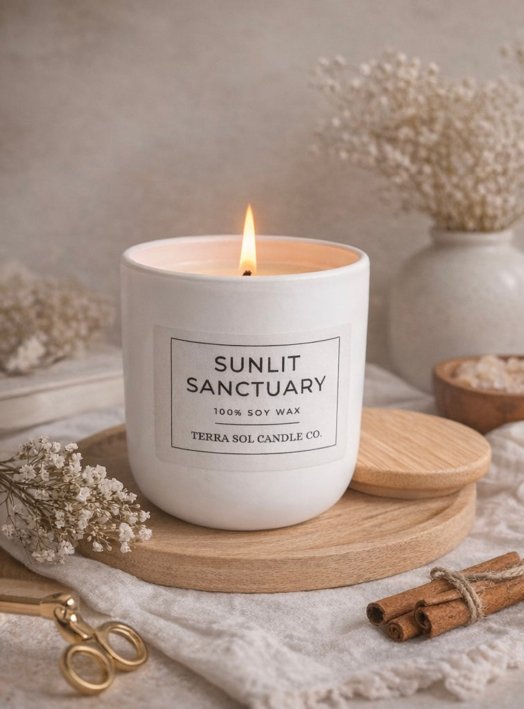 Sunlit Sanctuary Soy Candle | Clean Burning 100% Soy Wax | Minimalist White Candle | Natural Home Decor | Handmade Gift