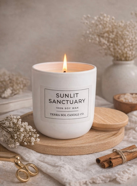 Sunlit Sanctuary Soy Candle | Clean Burning 100% Soy Wax | Minimalist White Candle | Natural Home Decor | Handmade Gift